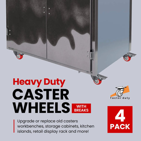 24 pack 2 inch caster wheels with swivel plate and brake, red polyurethane locking casters designed for smooth rolling and solid holding on a cabinet.