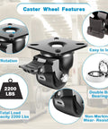 ✝️ 2-Inch Heavy Duty Casters Set of 4, Industrial Grade Castors Wheels 2200 LBS, Low Gravity Plate Swivel Caster with Brake