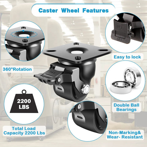 ✝️ 2-Inch Heavy Duty Casters Set of 4, Industrial Grade Castors Wheels 2200 LBS, Low Gravity Plate Swivel Caster with Brake