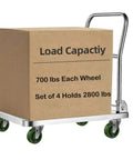 4 Inch By 1.5 Inch Heavy Duty Casters Set Of 4 With 2800 Lb Load Capacity on a cart with green wheels, box showing load capacity.