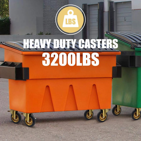 8 inch heavy duty plate casters set of 4 with dual locking brakes, industrial rubber wheels rated 3200 lbs for carts, furniture, workbenches, and outdoor use, includes free spanner on garbage bins.