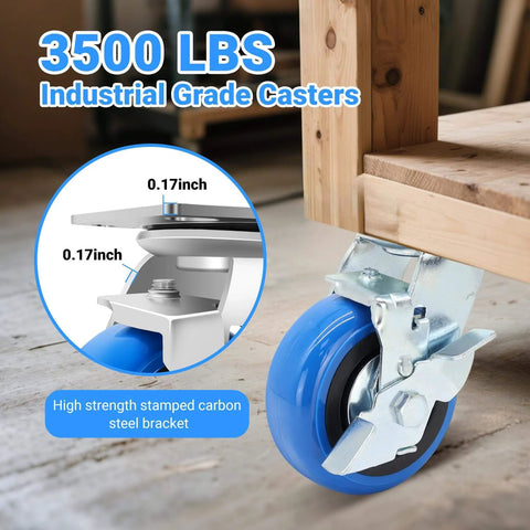 Close-up of 5 inch heavy duty caster wheel with polyurethane wheel and thick bracket, rated 3500 lb, installed on wooden cart.