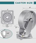 Heavy Duty Industrial Casters 6 x 2 Inch With Cast Iron Wheels And Roller Bearings, Galvanized Steel Hubs, Zinc Plated Yokes
