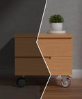 5 inch heavy duty casters with brakes set of 4 on a wooden cabinet, showcasing double ball bearing non marking wheels.