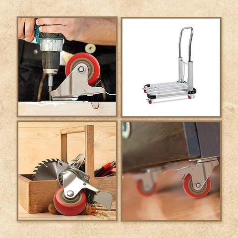 8 Pack 3 Inch Combo Caster Set With 4 Swivel Casters With Brakes And 4 Plate Heavy Duty Casters On Red PU Wheels installed on various furniture and equipment