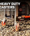 Heavy Duty Folding Jobsite Cart With Three Shelves And 300 Lb Capacity No Assembly Required Pro Grade Tradesman Utility Cart with heavy-duty casters on rough terrain.