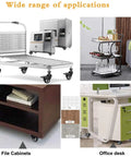 Collage showing various furniture and equipment using 2 Inch Heavy Duty Swivel Stem Casters Set Of 4 With Double Locking Brakes, 600 Lb Capacity, 3/8-16x1 Threaded Stem, Noiseless Industrial Castors For Furniture And Carts, Smooth Glide, Black.