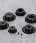 Heavy Duty 27 Tooth Chain Sprocket For ISO 04C Chain, 10mm Bore, shown in various sizes and angles, black oxide finish