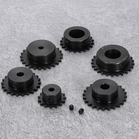 Heavy Duty 27 Tooth Chain Sprocket For ISO 04C Chain, 10mm Bore, shown in various sizes and angles, black oxide finish