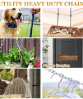 Collage showing uses of utility heavy duty chain for dog leash, decorative lamp, hanging plants, picture hanging, hanging basket, dry clothes.