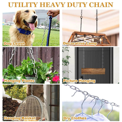 Collage showing uses of utility heavy duty chain for dog leash, decorative lamp, hanging plants, picture hanging, hanging basket, dry clothes.