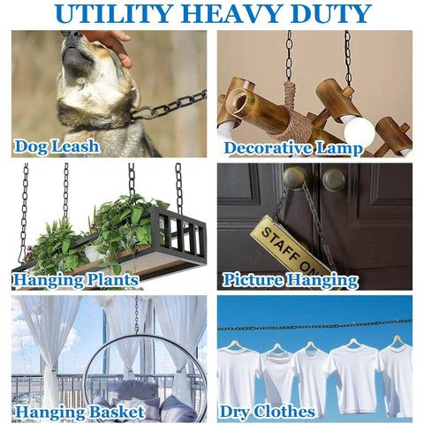 Utility heavy duty uses including dog leash, decorative lamp, hanging plants, picture hanging, hanging basket, and drying clothes with chain links.