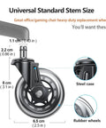 Office Chair Wheels Replacement 3 Inch Heavy Duty Rubber Caster Wheels For Hardwood Floors And Carpet, Quiet And Safe Rolling Chair Wheels Set Of 5, Universal Fit, Easy Installation, Lifetime Warranty close-up showing wheel measurements.
