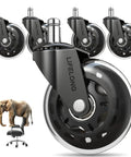 Set of heavy-duty chair caster wheels showcasing durability; includes an elephant on a chair for strength demonstration.