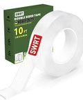 Heavy Duty Double Sided Tape For Walls Mounting Removable Clear Adhesive Strips One Point One Eight Inch By One Hundred Twenty Inch Nano Tech Acrylic Gel No Nails No Drill For Pictures Posters Decor And Rug Carpet in packaging next to a roll of clear tape.