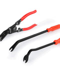 Heavy Duty Pro Grade Car Upholstery Clip Pliers Set And Fastener Remover Kit with red handles, suitable for auto body repair.