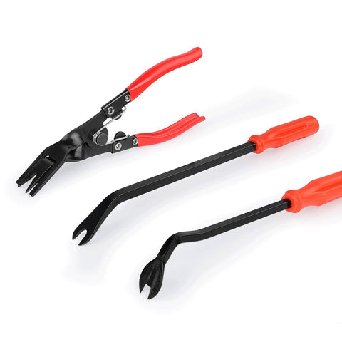 Heavy Duty Pro Grade Car Upholstery Clip Pliers Set And Fastener Remover Kit with red handles, suitable for auto body repair.