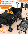 Heavy Duty Collapsible Wagon Cart With 570 Pound Capacity And Big All Terrain Wheels For Beach Camping Garden Grocery And Sports Foldable Utility Cart With Cup Holders Black showcasing size comparison, storage features, and load capacity with 330L cargo space.