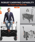 Beast Mode 180L Large Capacity Collapsible Wagon With Wheels 330Lbs Heavy Duty Foldable Shopping Cart with person sitting on it.