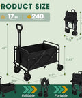 Heavy Duty Collapsible Wagon With Wheels 370 Lb Capacity Foldable Beach Cart with dimensions and folded view