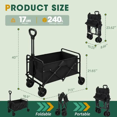 Heavy Duty Collapsible Wagon With Wheels 370 Lb Capacity Foldable Beach Cart with dimensions and folded view