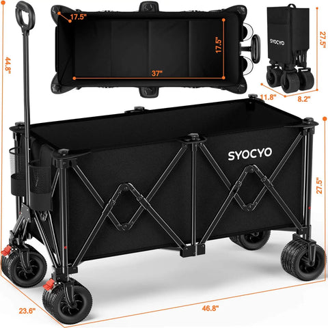 Heavy Duty Collapsible Wagon Cart With 570 Pound Capacity And Big All Terrain Wheels For Beach Camping Garden Grocery And Sports in black, showing measurements