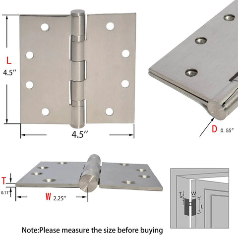 3-Pack Heavy Duty Commercial Door Hinge with Silent Steel Plain Bearing, 4.5 inch X 4.5 inch, Thickness 3 mm Stainless Steel dimensions