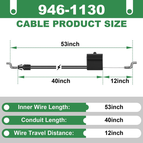 Heavy Duty Control Cable 946-1130 dimensions for riding lawn mowers, showing inner wire length 53 inch, conduit 40 inch, wire travel 12 inch