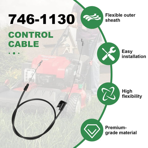 Heavy Duty Control Cable 946-1130 Direct Replacement for Riding Lawn Mowers with Weatherproof PTFE, shown near a red lawn mower.