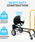 Side view of ✝️ 2 in 1 Convertible Hand Truck and Dolly, 800LBS with welded joints and rubber wheels, showing 600 lbs vertical and 800 lbs horizontal capacity.