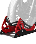 Heavy Duty Electric Dirt Bike Wheel Chock and Trailer Stand 1800 Lb Capacity Universal 8 To 21 Inch Wheel black and red design