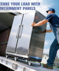 Worker using ✝️ 2000LBS Heavy Duty Moving Dolly with 6 Swivel Wheels to transport refrigerator into truck.