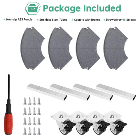 Package contents for ✝️ Round Dolly with Wheels Heavy Duty, showing ABS panels, tubes, casters, screws, and screwdriver