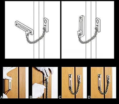 Illustrations and photos of Extra Thick Door Chain Lock With 3mm SUS304 Stainless Steel Die Cast, shown installed on a wooden door.