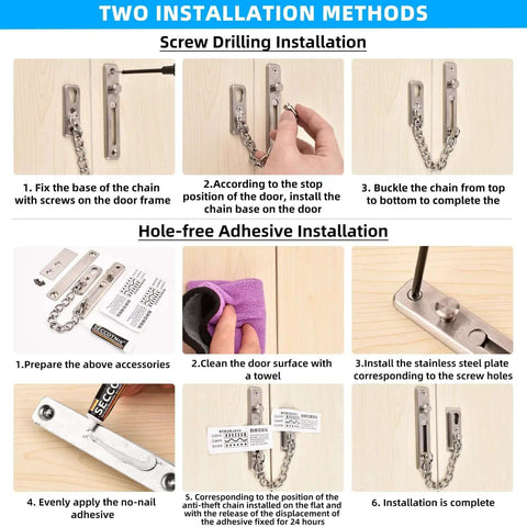 Two installation methods for Beefy Heavy Duty Door Chain Lock with 304 stainless steel, showing screw drilling and adhesive options