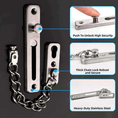Beefy Heavy Duty Door Chain Lock With 304 Stainless Steel Construction And Spring Loaded Push Button Latch For Interior Front And Hotel