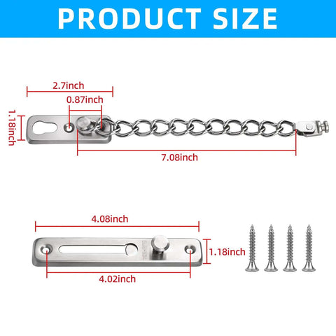 Dimensions of Beefy Heavy Duty Door Chain Lock with 304 stainless steel and spring loaded push button latch