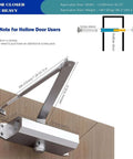 Heavy Duty Automatic Door Closer With Smooth Soft Close And No Slam Hydraulic Mechanism Rust Resistant Aluminum Easy DIY Install Fits 88 To 143 Pound Doors And 23 To 43 Inch Openings Ideal For Home And Commercial Use mounted on wooden door with dimensions and hollow door note.