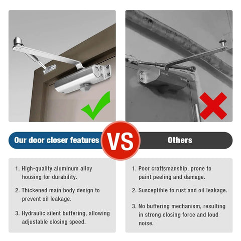 Comparison of Heavy Duty Automatic Door Closer for Commercial and Residential Use Hydraulic 3 Spring Model Small Silver vs others.