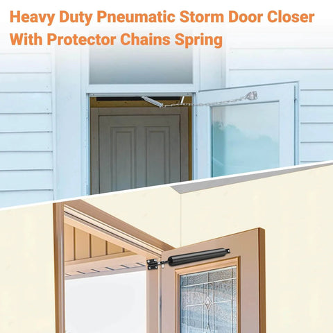 Storm Door Closer, Heavy Duty Screen Door Closers with Protector Chains Spring, Storm Door Bracket Kit Compatible with Andersen/Emco/Larson/40201 (Closer and Chain, 1 Pack(Black)) installed on white exterior door.