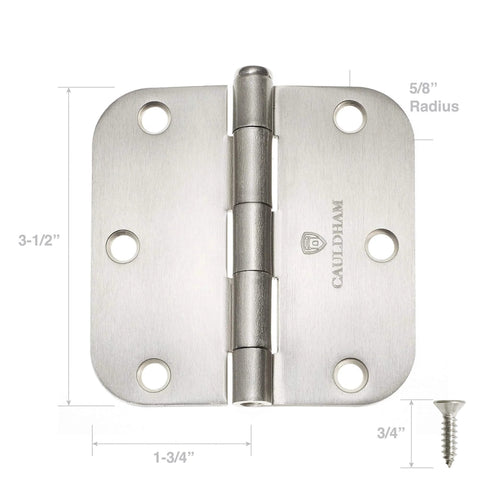 Close-up of a 3-1/2" interior door hinge in satin nickel with 5/8" radius corners, part of the 12 Pack Heavy-Duty set by Cauldham.