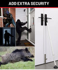 Collage of a Door Stoppers Security Bar 2 Pack in various security scenarios with a door barricade setup