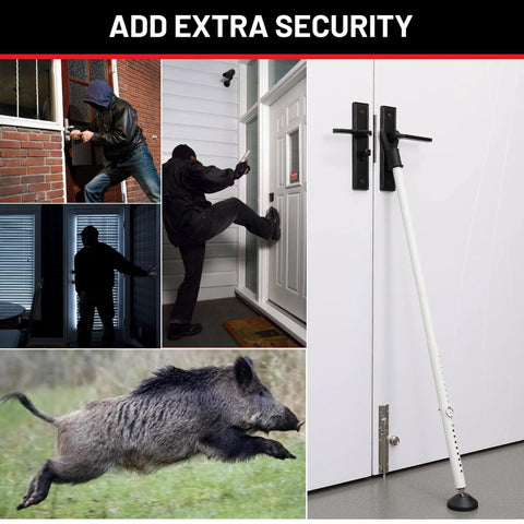 Collage of a Door Stoppers Security Bar 2 Pack in various security scenarios with a door barricade setup