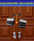 Heavy Duty Built Tough 4 Inch Hook And Eye Latch Set with dumbbell for strength test on wooden doors