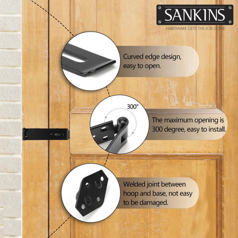 Seven And One Half Inch Heavy Duty Door Lock Hasp Latch features shown on wooden door, curved design, welding details, 300-degree opening angle.