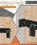 Heavy Duty Door Lock Hasp Latch 3 Inch installed at different angles, illustrating flexible mounting options on wooden surfaces.
