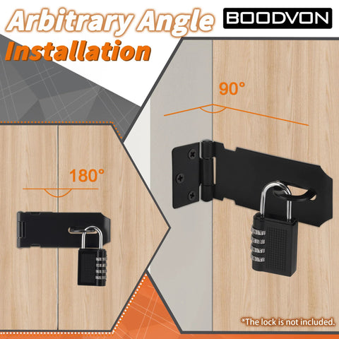 Heavy Duty Door Lock Hasp Latch 3 Inch installed at different angles, illustrating flexible mounting options on wooden surfaces.