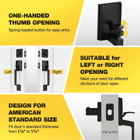 Features of Beefed Up Heavy Duty Front Door Lock Set With Handle And Deadbolt, showing one-handed opening, reversible design, black finish