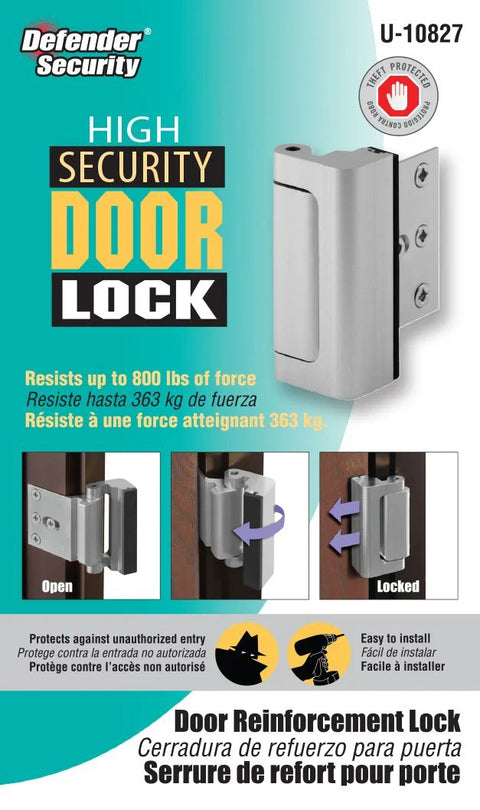 Door Reinforcement Lock Heavy Duty Aluminum Security Device For Exterior Doors With 800 Pound Force Rating Satin Nickel Finish And 3 Inch Screws, installed on swing-in door