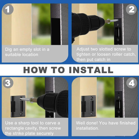 Installation guide for 2 Pack Heavy Duty Door Roller Catch With Strike Plate, Silent Drive In Ball Catch, showing drilling and screwing steps.